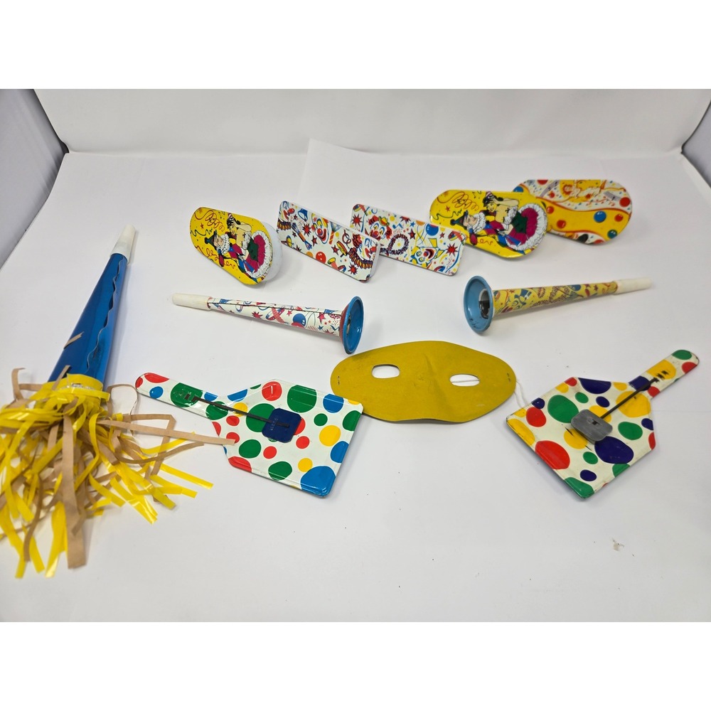 Vintage Tin Litho Party Favors Japan Clown Noisemakers Horns New Year's Eve Mask